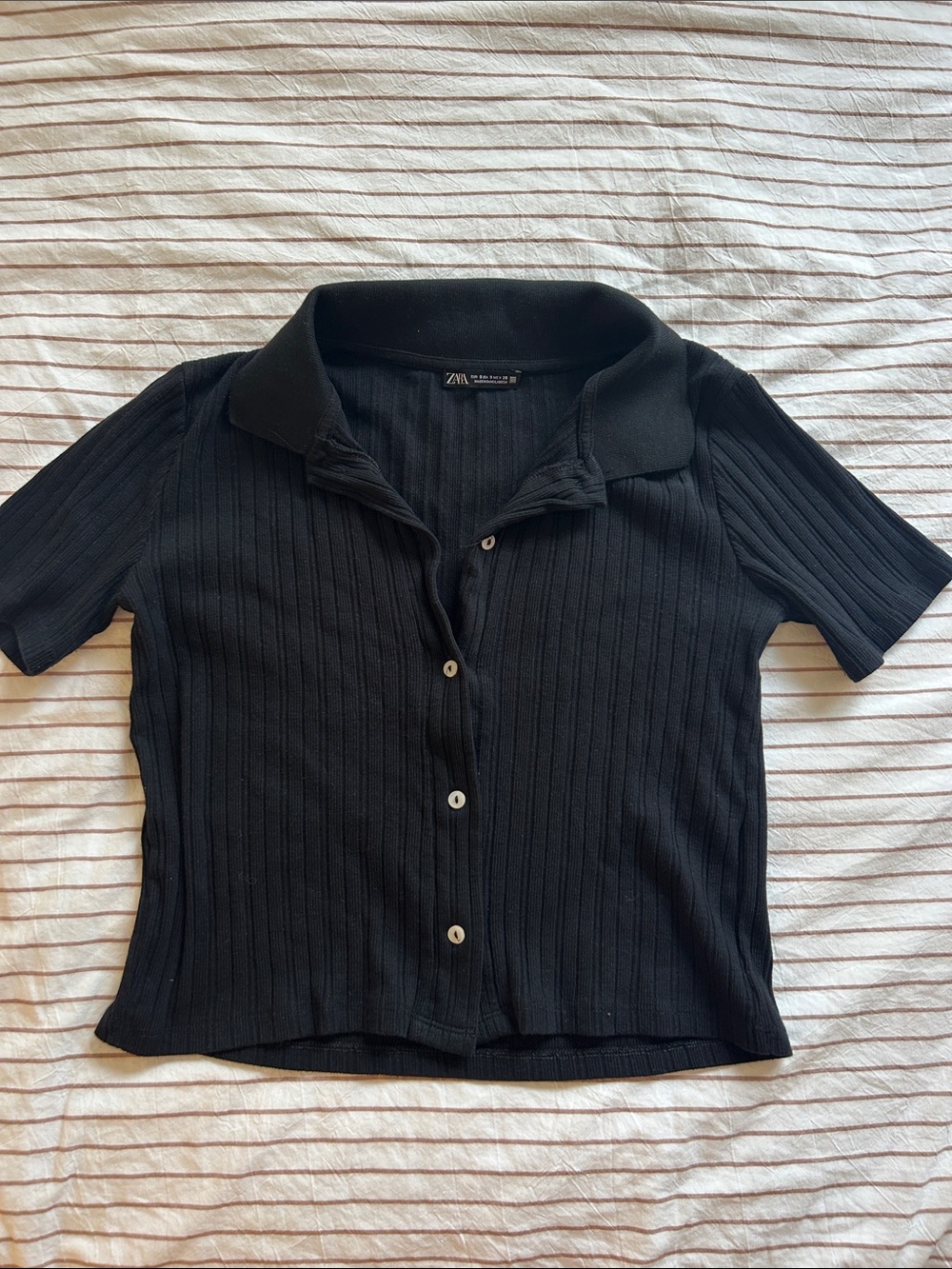 Zara Black Ribbed Short-Sleeve Button-Down Top